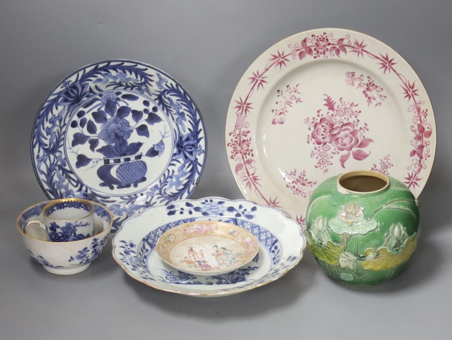 A group of Chinese porcelain, 18th/19th century and an 18th century Japanese Arita blue and white