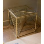 A pair of gold painted metal glass top occasional tables, with wirework underframes, width 52cm