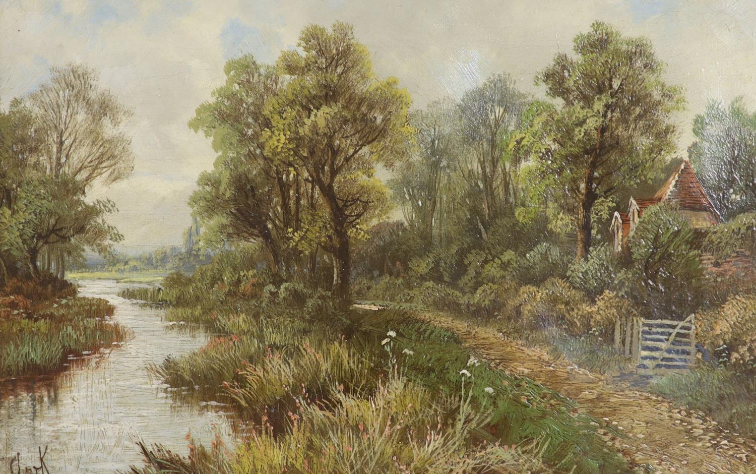 Octavius T. Clark (1850-1921), pair of oils on board, Rustic landscapes, signed, 19 x 29cm - Image 2 of 3