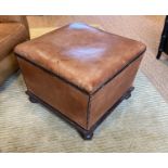 A Victorian mahogany ottoman, later upholstered in pale tan leather, width 57cm depth 55cm height