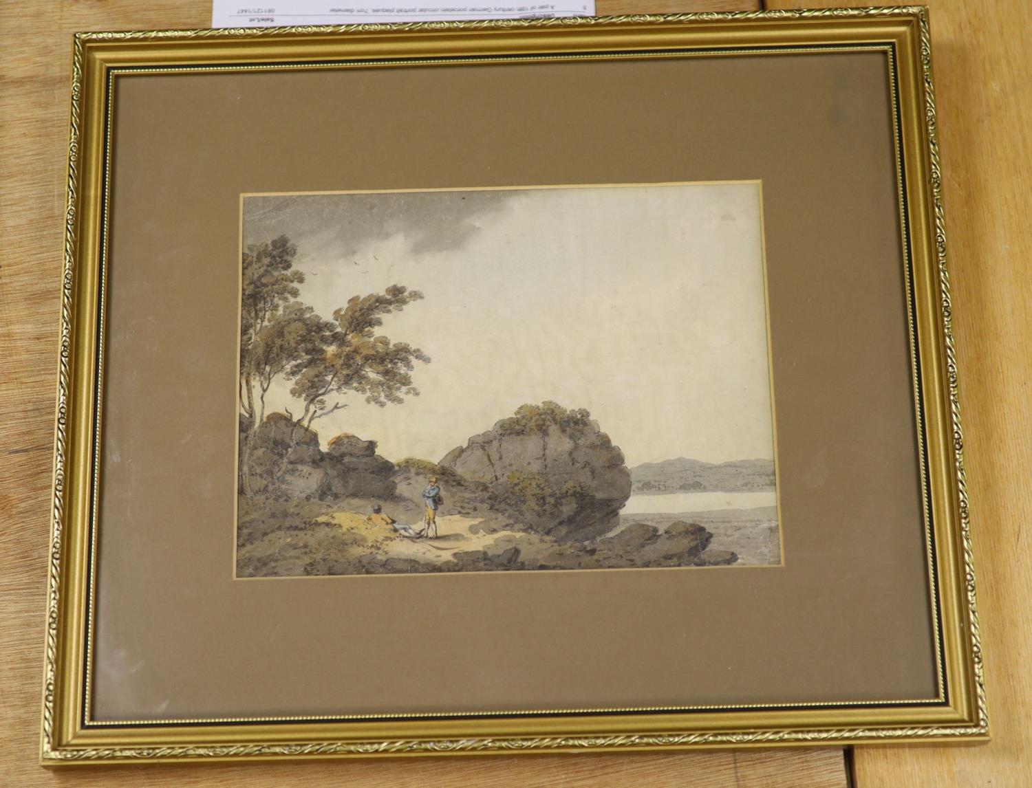 Late 18th century English School, ink and watercolour, Figures in a rocky landscape, 20 x 27cm - Image 2 of 2