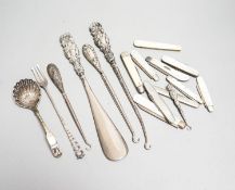 Eight various silver bladed fruit knives, three silver handled button hooks and silver handled