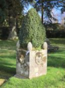 A pair of reconstituted stone garden planters, with lions mask decoration, height 74cm width 48cm