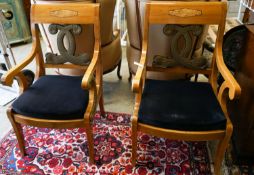 A pair of Empire style cherry elbow chairs with gilt metal dolphin mounts, width 65cm, depth 56cm,