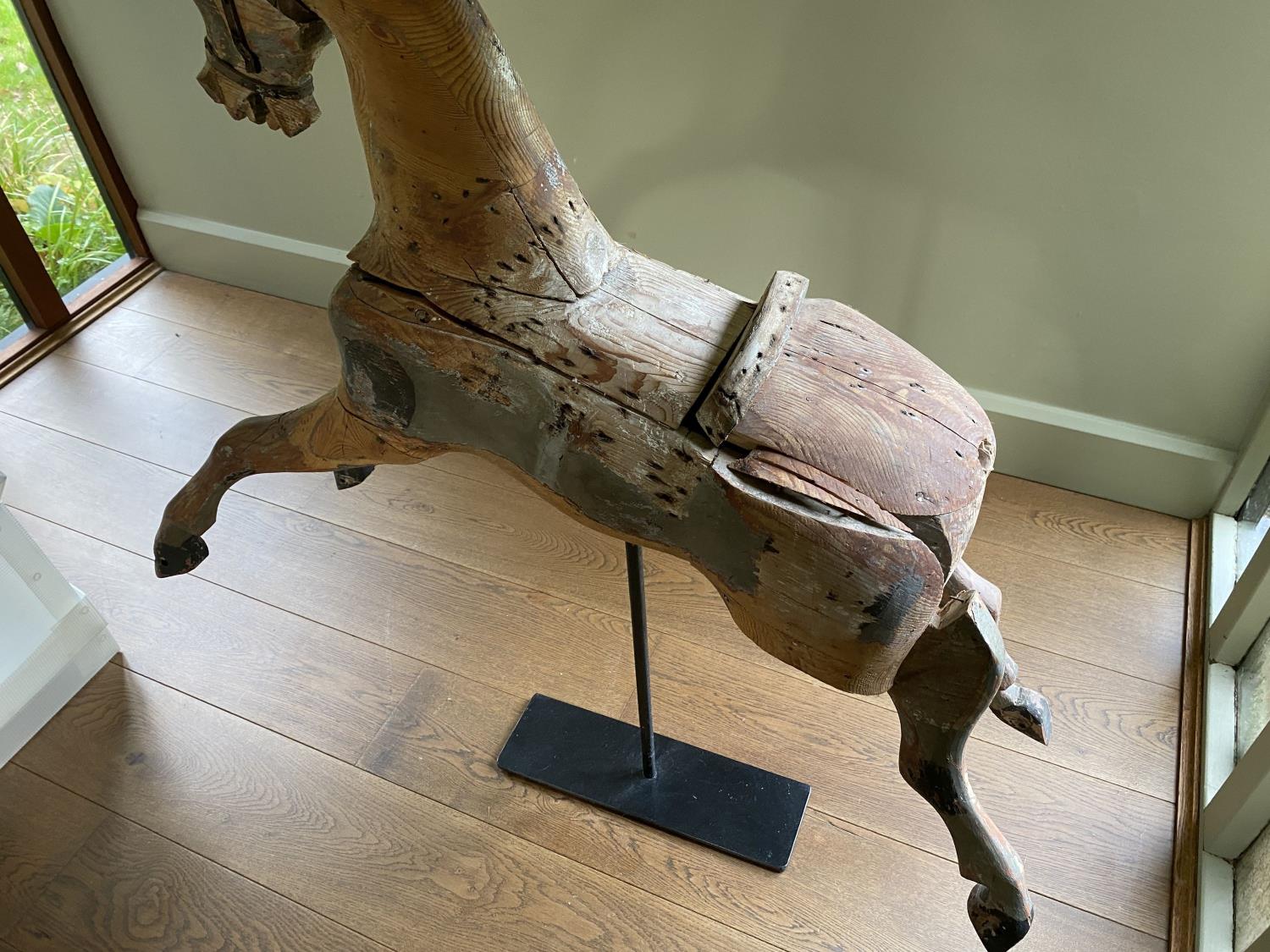 A Victorian painted pine rocking horse, now on wrought iron stand, length 96cm height including - Image 3 of 3