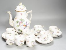 A Herend Rothschild birds pattern coffee pot and cover and eight coffee cups and five saucers