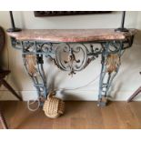 A French painted and gilt wrought iron console table, with serpentine marble top, width 132cm