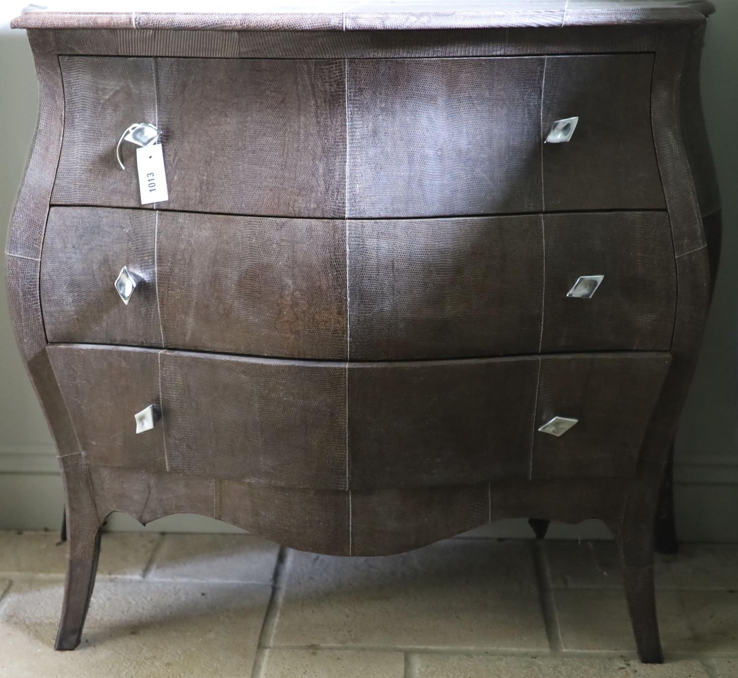 A three drawer bombe commode, upholstered in simulated snake skin, width 102cm depth 51cm height - Image 2 of 4