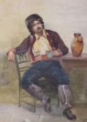 E.G. (19th C.), watercolour, Study of a seated Italian card player, monogrammed, 35 x 25cm