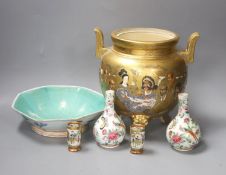 A Chinese famille rose octagonal dish and two small bottle vases and a Japanese Satsuma pottery koro