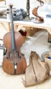 A late 19th century French cello, lob 75.5cm, canvas case with bow