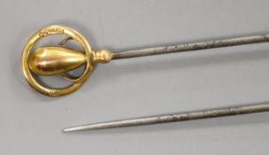 A pair of Charles Hornet 9ct gold mounted hat pins, 16.6cm.