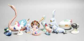 11 Herend porcelain animals and a similar egg shaped box