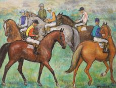 W. Vulliamy, oil on board, Jockey's before the start, signed, 1966 Paris Salon labels verso, 34 x