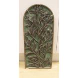 A Victorian carved mahogany panel signed Angela Francis, 1895. 64x28cm