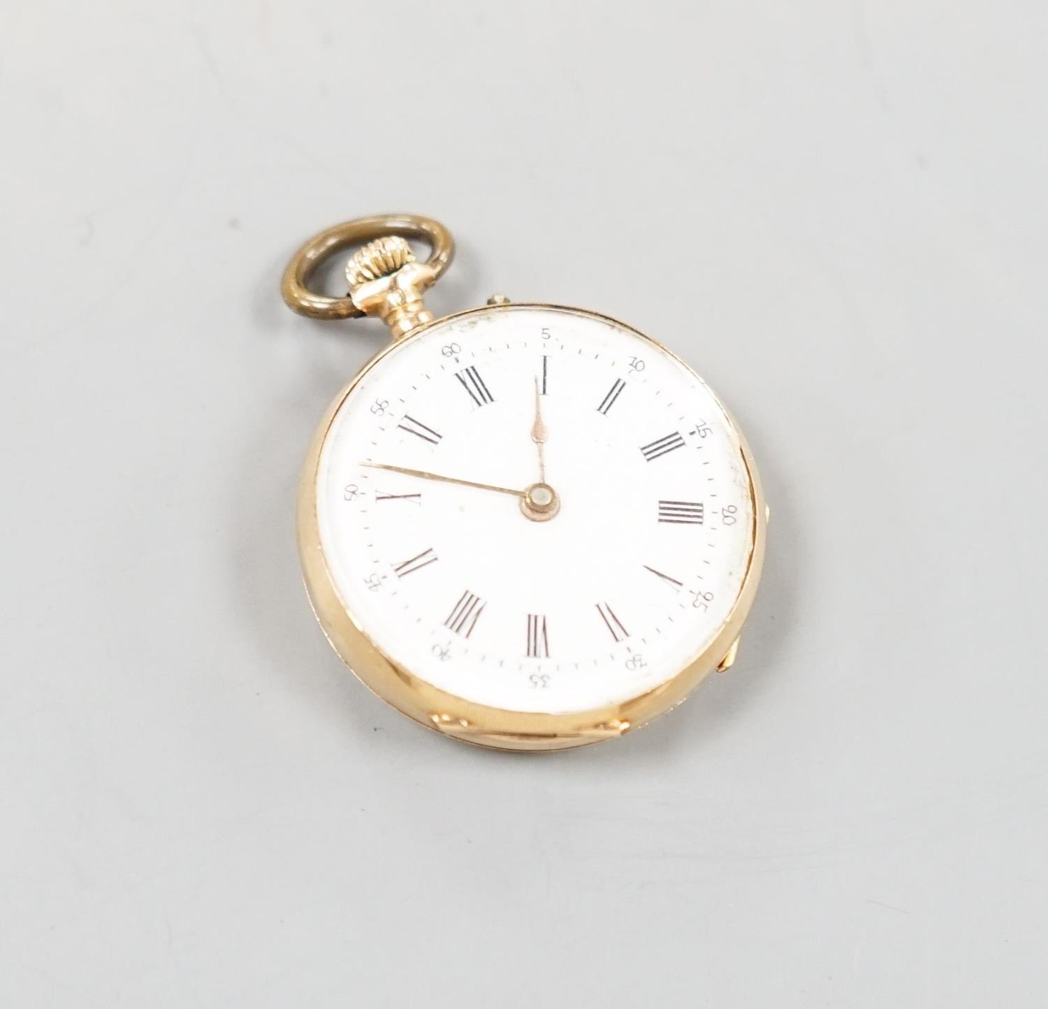 A continental 18k and enamelled open face keyless fob watch, decorated with a young boy hunting, - Image 2 of 4