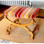 A Victorian X frame oak foot stool, with striped fabric upholstery, 54 x 40cm height 45cm