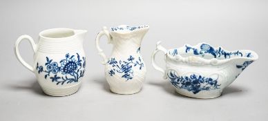 A Worcester blue and white sauceboat, sparrow beak milk jug and a Mansfield pattern milk jug,