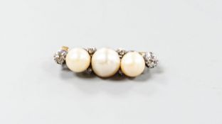 A yellow metal, three stone cultured pearl and six stone diamond brooch, 34mm, gross weight 8.1