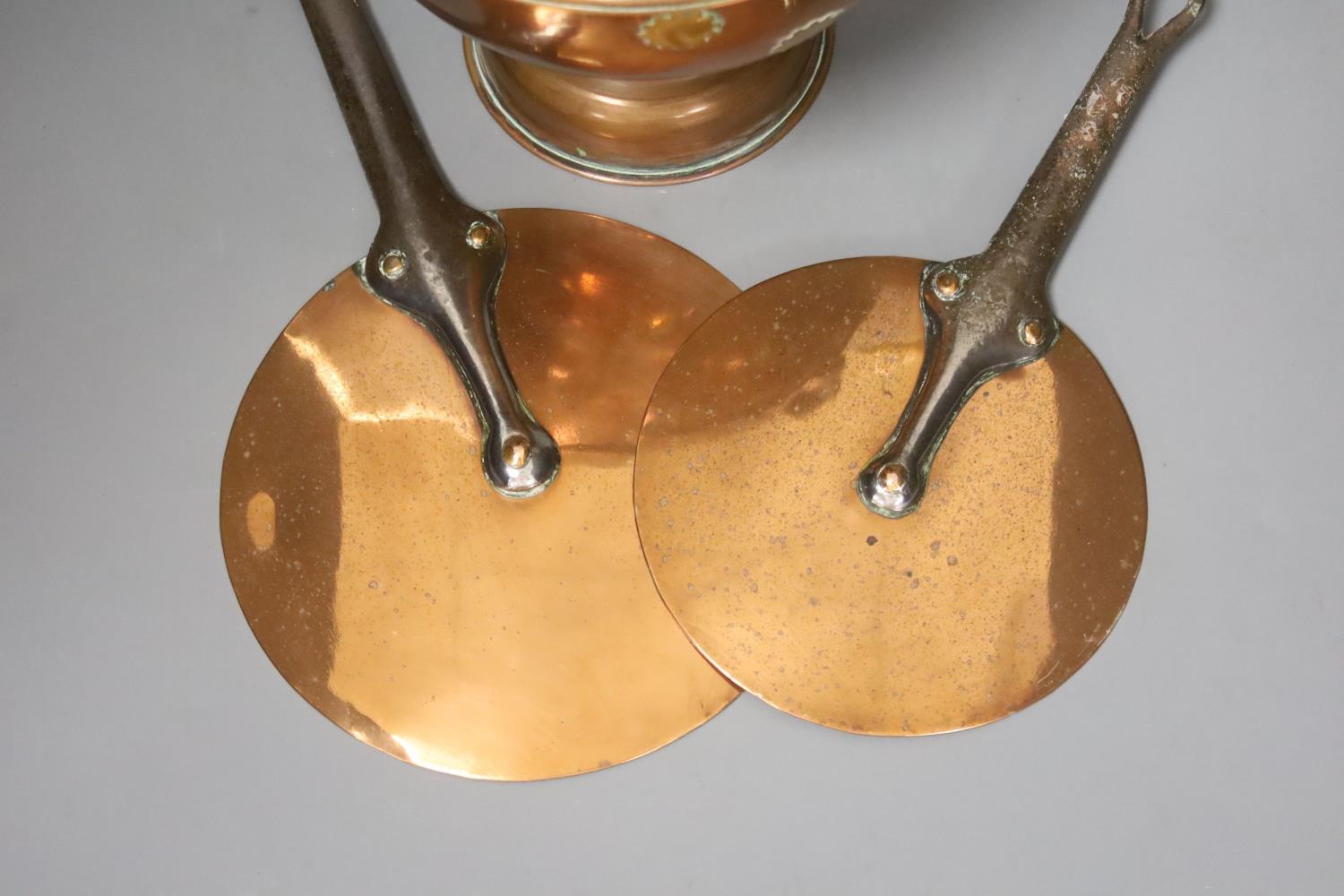 Two Victorian copper saucepan covers and brass-mounted copper kettle - Image 2 of 3