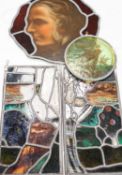 A Victorian stained glass portrait panel, two bird panels and a similar circular bird panel (4)