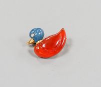 A modern 18k yellow metal, two colour chalcedony and diamond chip set brooch, modelled as a duck,