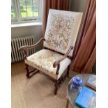 A 19th century French mahogany armchair, with later floral tapestry back and seat, width 65cm height