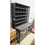 A Royal Mail metal mail sorting unit with integral seat, width 127cm, depth 71cm, height 190cm