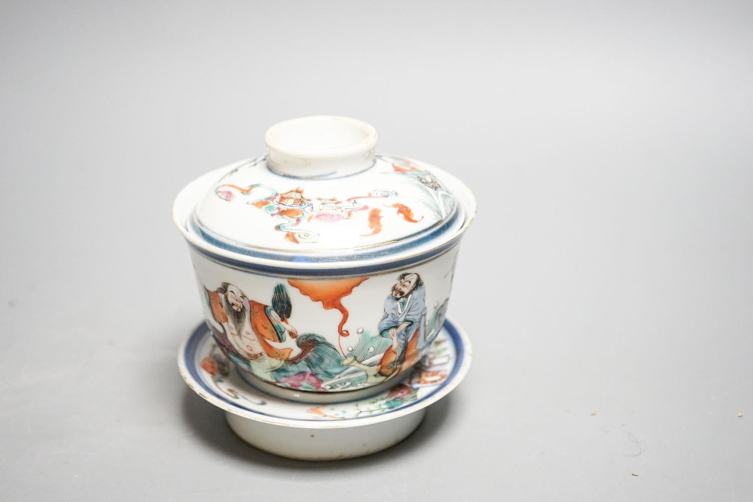 A late 19th century Chinese famille rose rice bowl, cover and stand, 11cm - Image 2 of 6