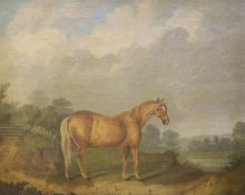 Capt. Johnson (C.19th), oil on canvas, Portrait of a horse standing in a landscape, signed and dated