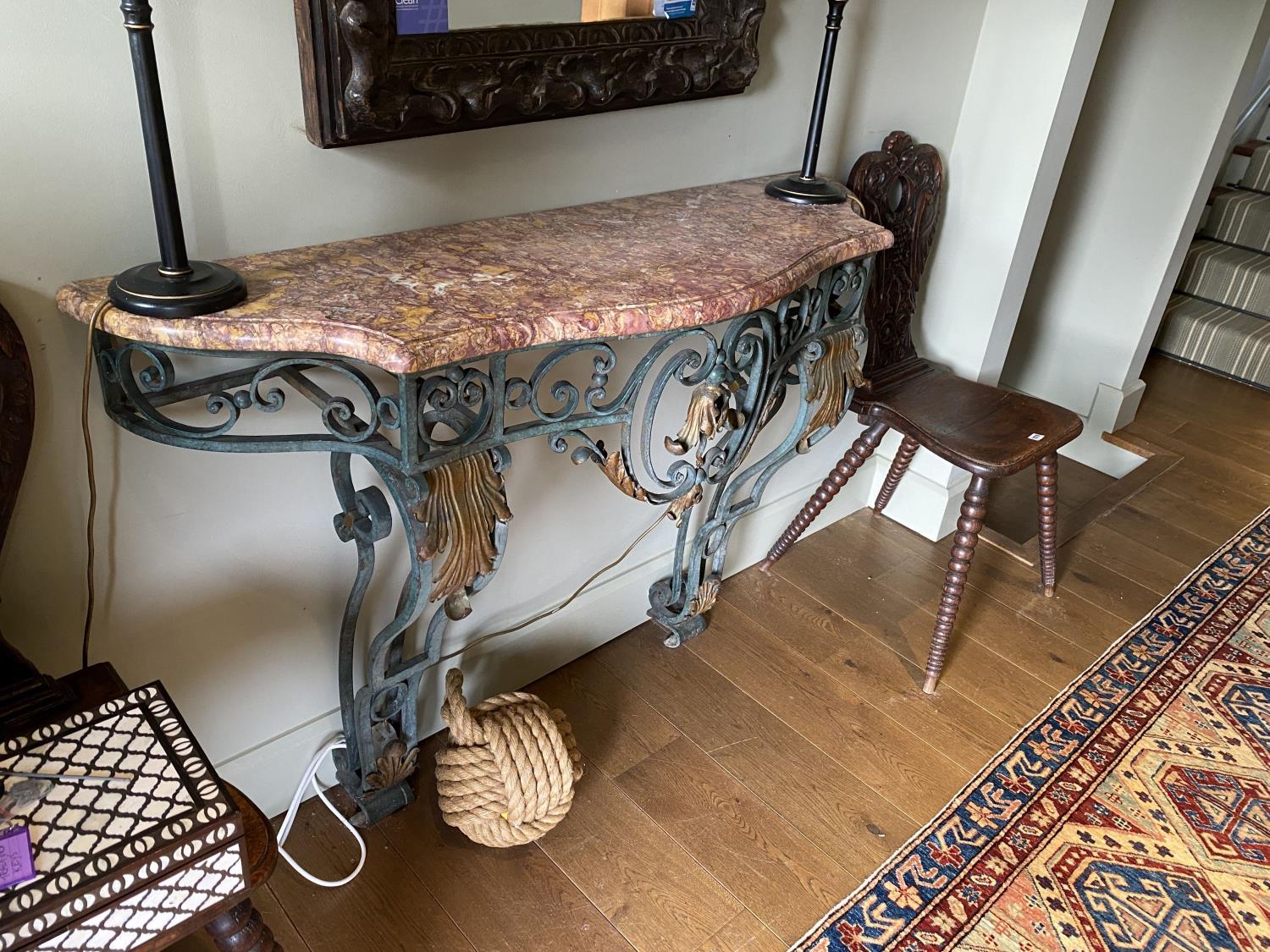 A French painted and gilt wrought iron console table, with serpentine marble top, width 132cm - Image 2 of 2