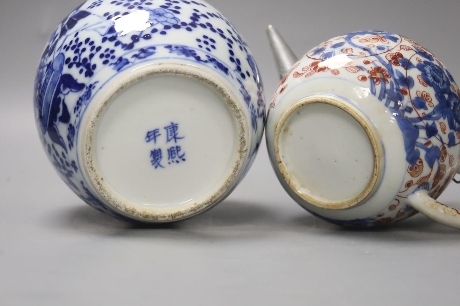 A Chinese Imari porcelain teapot with white metal cover, H 12cm, together with a 19th century - Image 7 of 7