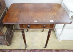 A Regency mahogany drop flap work table, width 84cm extended, depth 50cm, height 71cm