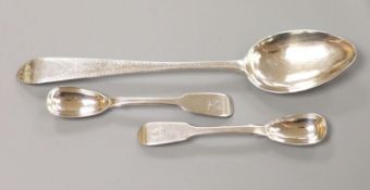 A George III Irish bright cut engraved silver tablespoon, John Shiels, Dublin, 1765 and two