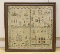 A large late 18th century needlework sampler, worked with birds, animals and shrubs, a country