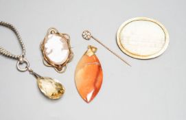 Mixed jewellery including cameo brooch, agate pendant, oval brooch, paste set stick pin and