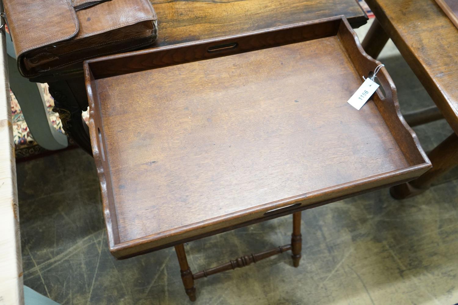 A late Victorian oak butler's tray on folding stand, width 62cm, depth 42cm, height 80cm - Image 4 of 5