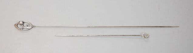 Two early 20th century silver hatpins by Charles Horner, longest 29cm.