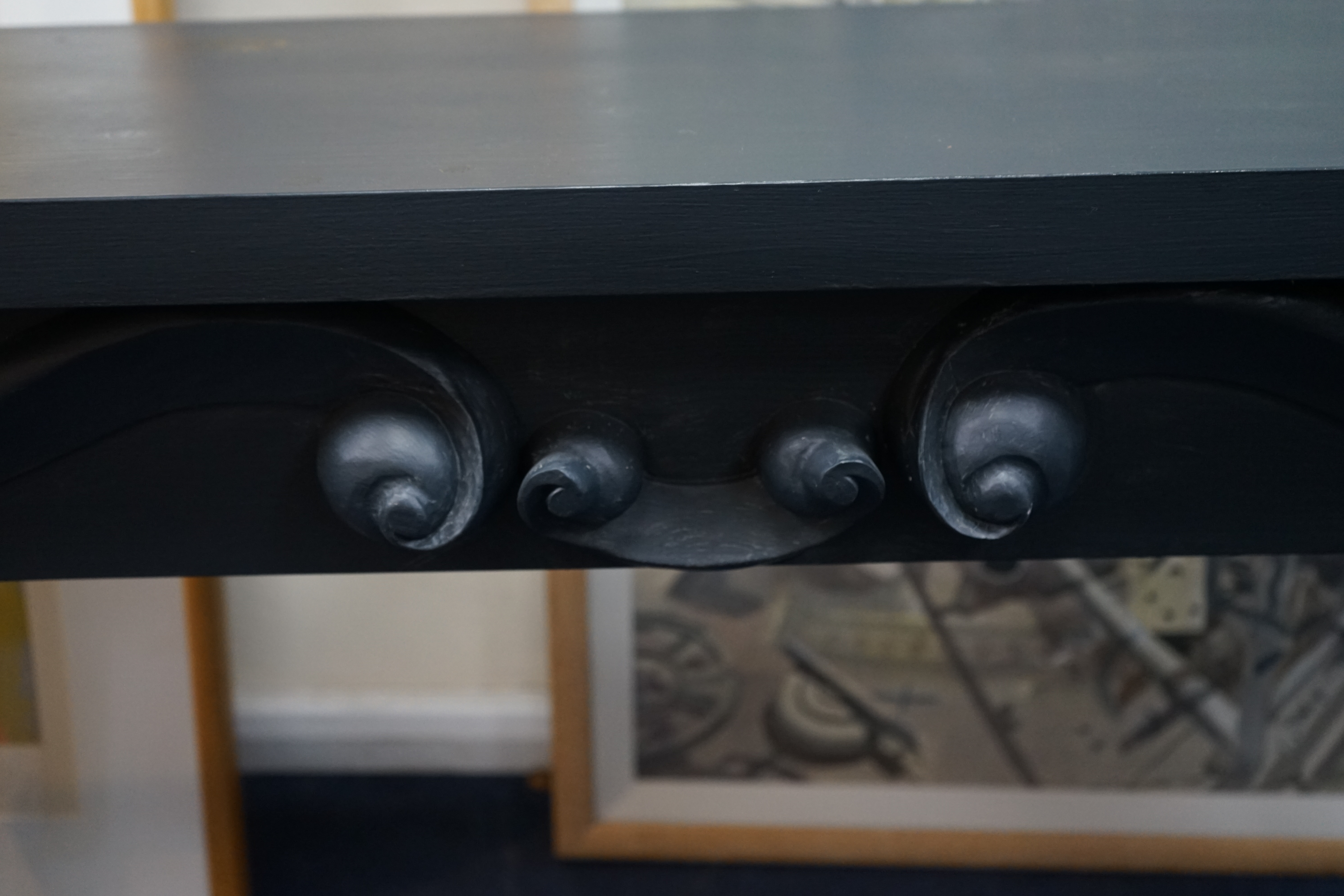 A grey painted pine console table, with scrolling apron, width 160cm depth 40cm height 78cm - Image 2 of 5