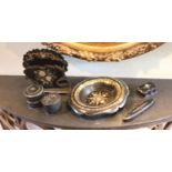 A small collection of Victorian papier mache wares comprising letter rack, bowl and three assorted