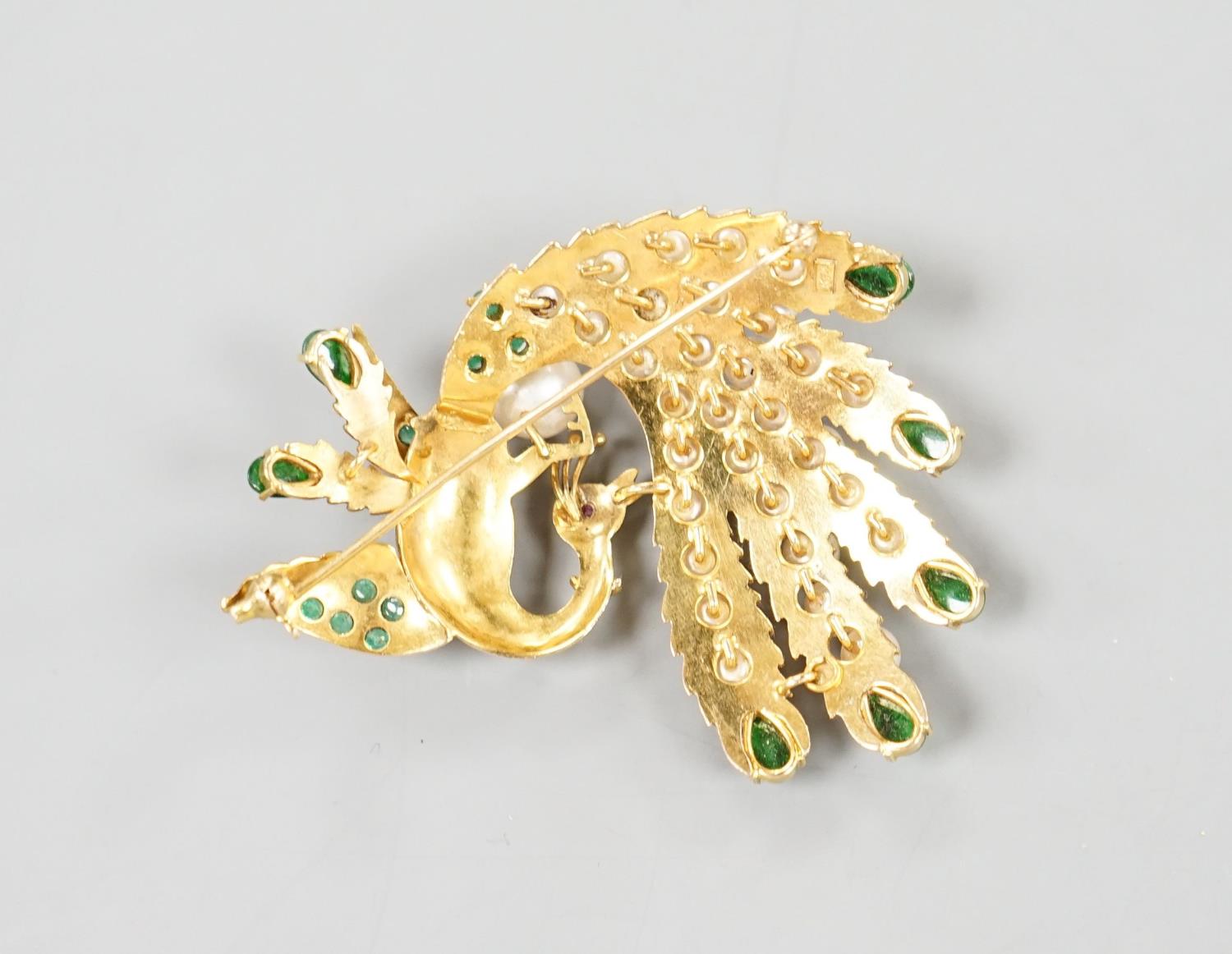 A 14k gold, emerald, graduated cultured pearl and green enamel set peacock brooch, 58mm,gross weight - Image 2 of 2