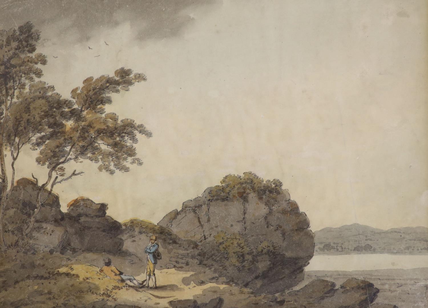 Late 18th century English School, ink and watercolour, Figures in a rocky landscape, 20 x 27cm