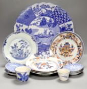 Two Chinese Imari dishes, three Chinese blue and white dishes, a larger Japanese blue and white
