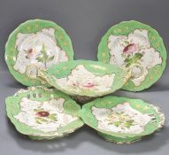 A mid 19th century Staffordshire porcelain 24 piece green bordered part dessert service, painted