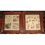 Two crewel work panels, one depicting fruits and flowers, the other quartered with foliage, 50 x