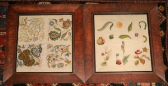 Two crewel work panels, one depicting fruits and flowers, the other quartered with foliage, 50 x