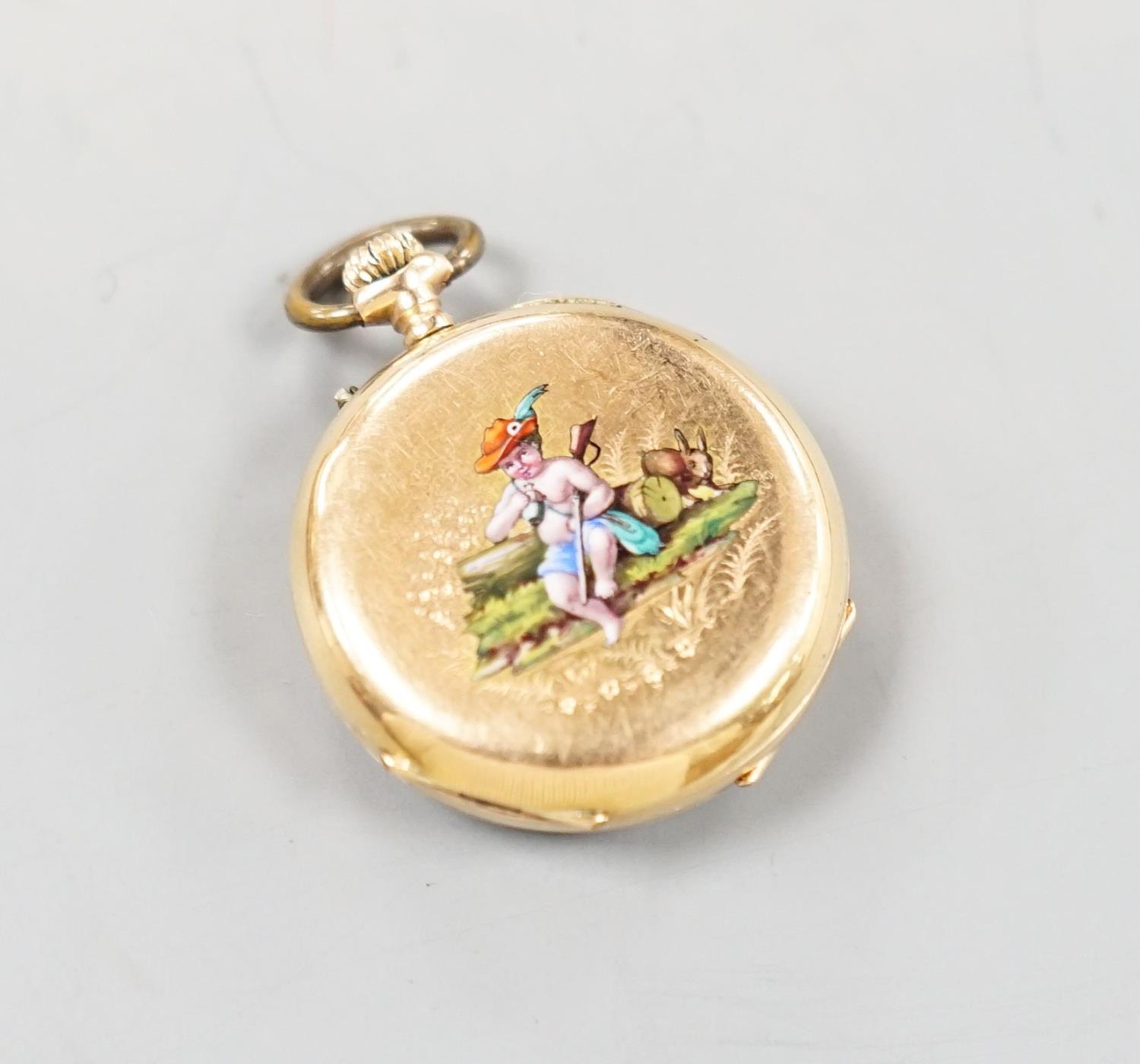 A continental 18k and enamelled open face keyless fob watch, decorated with a young boy hunting, - Image 3 of 4