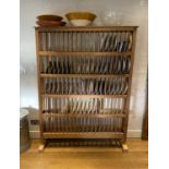 An unusually large Victorian pine and ash freestanding fire tier plate rack, width 140cm height
