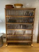 An unusually large Victorian pine and ash freestanding fire tier plate rack, width 140cm height