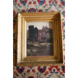 Gustav de Breanski, oil on board, Riverside houses, signed, 45 x 35cm